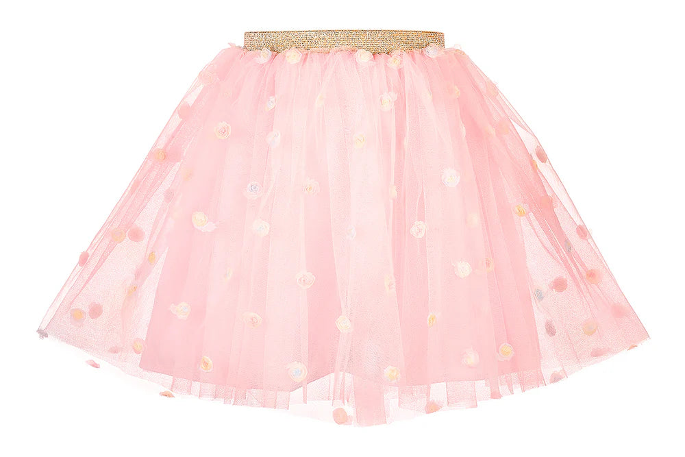 Souza Emi pink tulle skirt with floral decorations and gold waistband