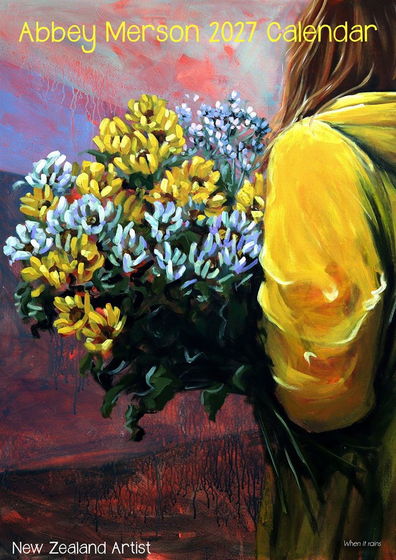 Abbey Merson 2027 calendar cover with a bouquet and yellow raincoat