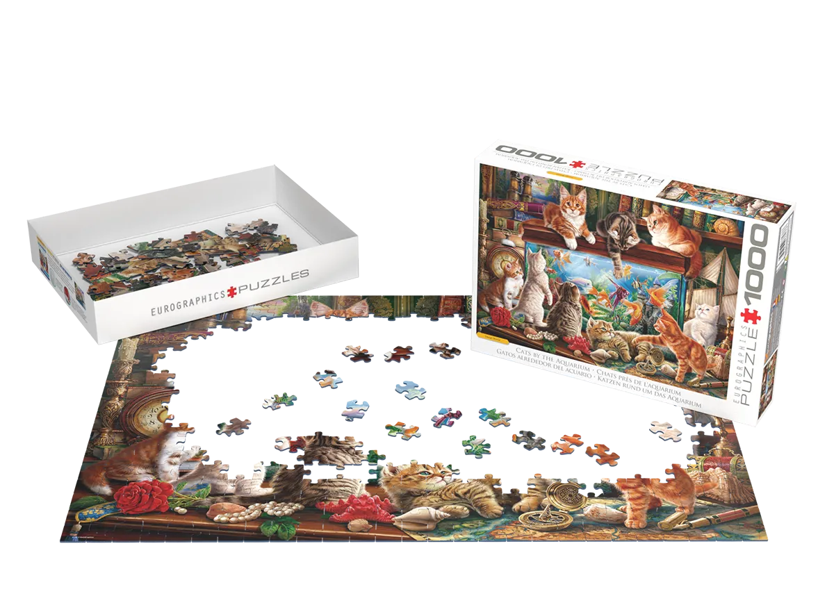 Cats by Aquarium jigsaw puzzle being assembled with loose pieces
