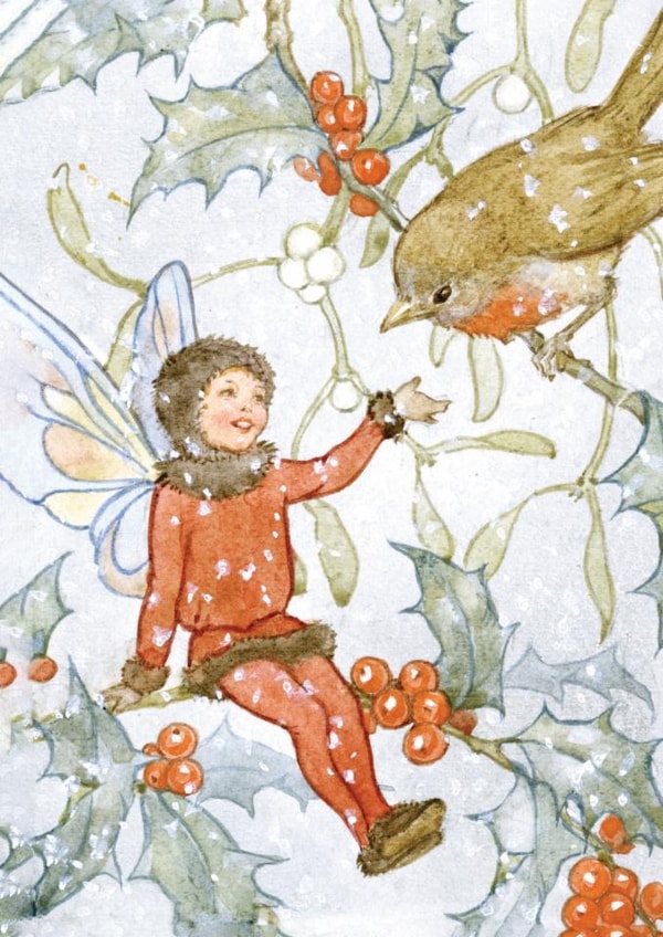 Fairy Land Christmas card with fairy welcoming a robin among winter foliage