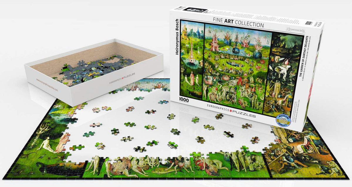 Bosch Garden of Earthly Delights jigsaw box and partially assembled puzzle