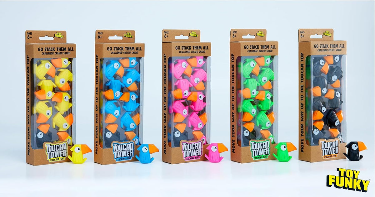 Toucan Tower retail assortment showing five available colourways; this six-pack display includes two green sets