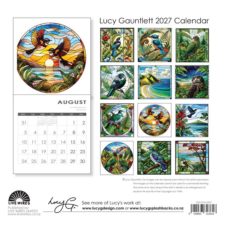 Lucy Gauntlett 2027 calendar back cover with all 12 artwork previews