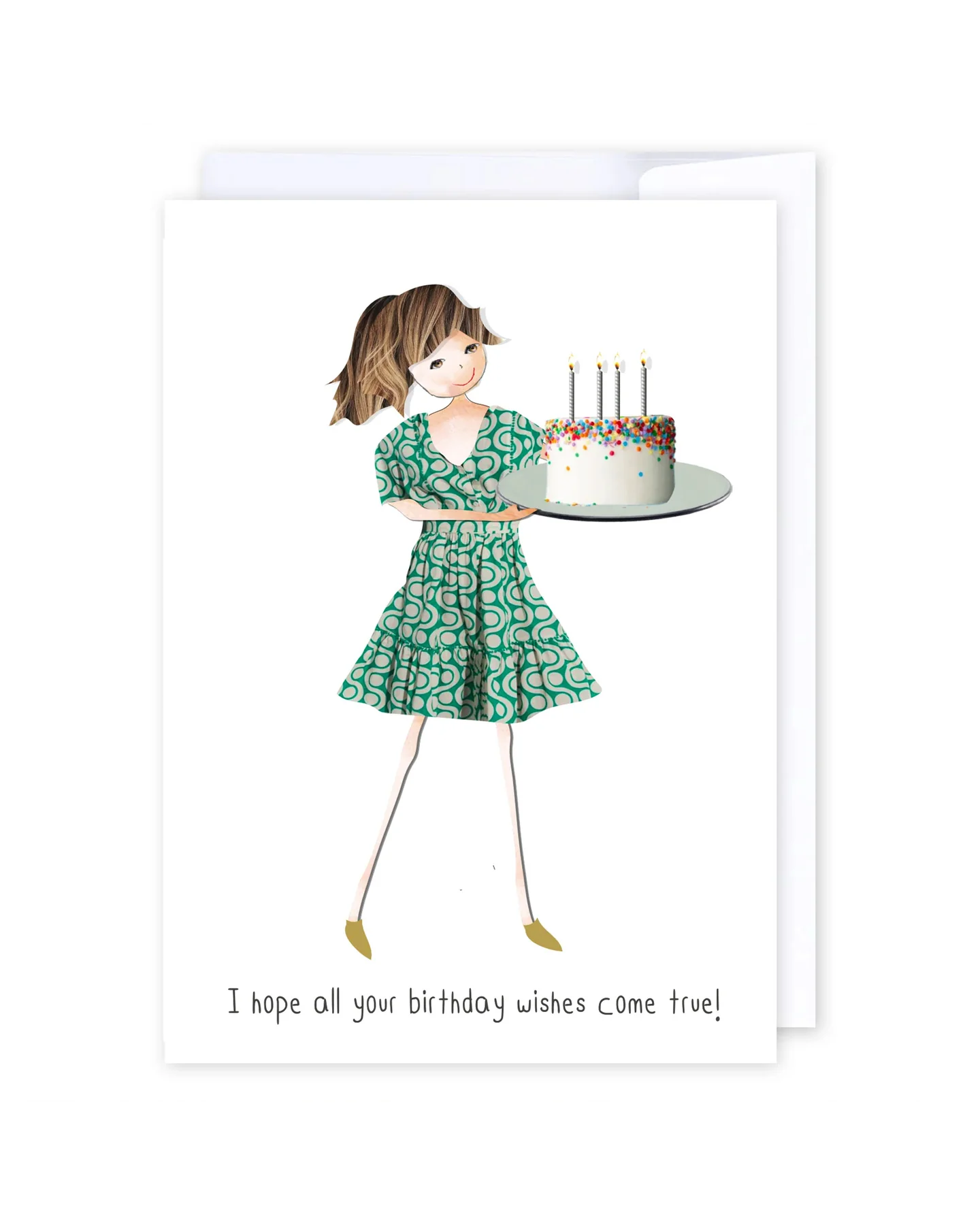 Illustration from the “Birthday Wishes Cake” card: a girl wearing a green patterned dress holds a birthday cake topped with four lit candles. The text below her reads, “I hope all your birthday wishes come true!” This charming card is blank inside and proudly made in NZ.