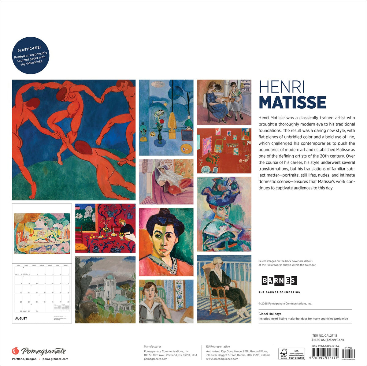 Henri Matisse 2027 calendar back cover with artwork previews