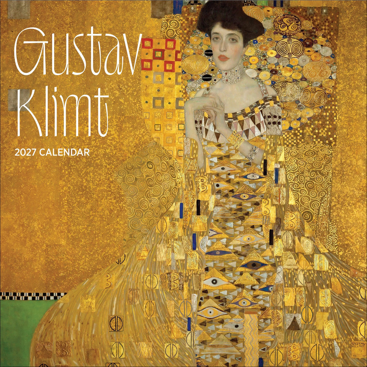 Gustav Klimt 2027 calendar cover with a richly patterned gold-toned portrait