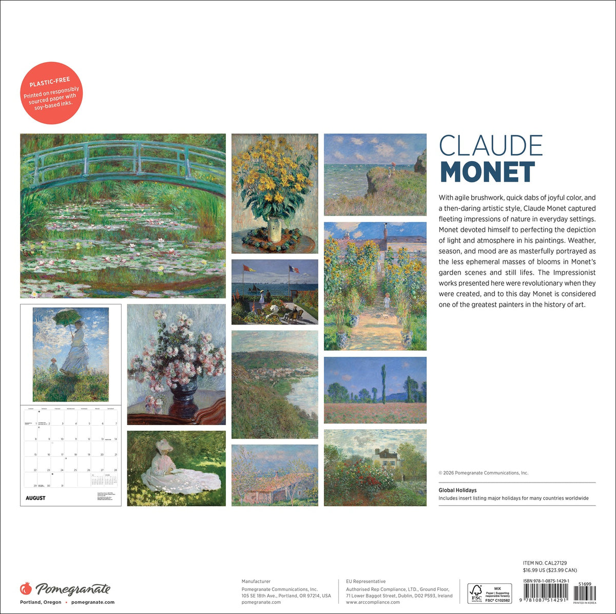 Claude Monet 2027 calendar back cover with artwork previews