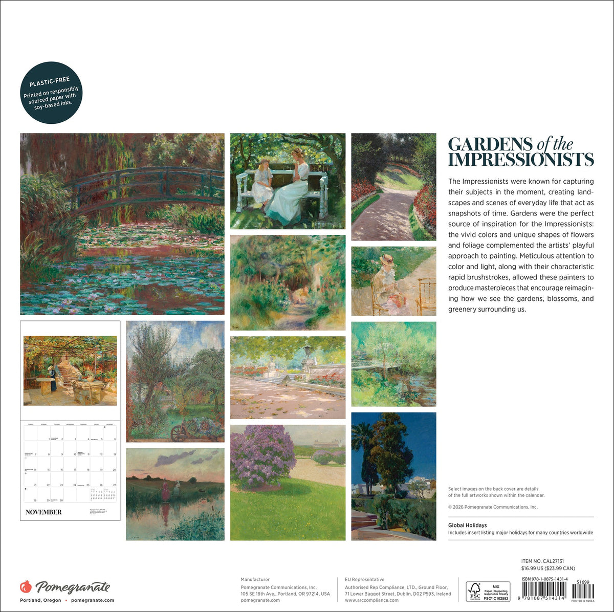 Gardens of the Impressionists 2027 calendar back cover with artwork previews