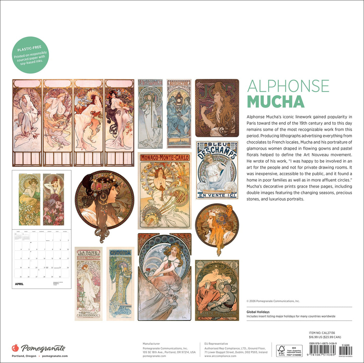 Alphonse Mucha 2027 calendar back cover with artwork previews