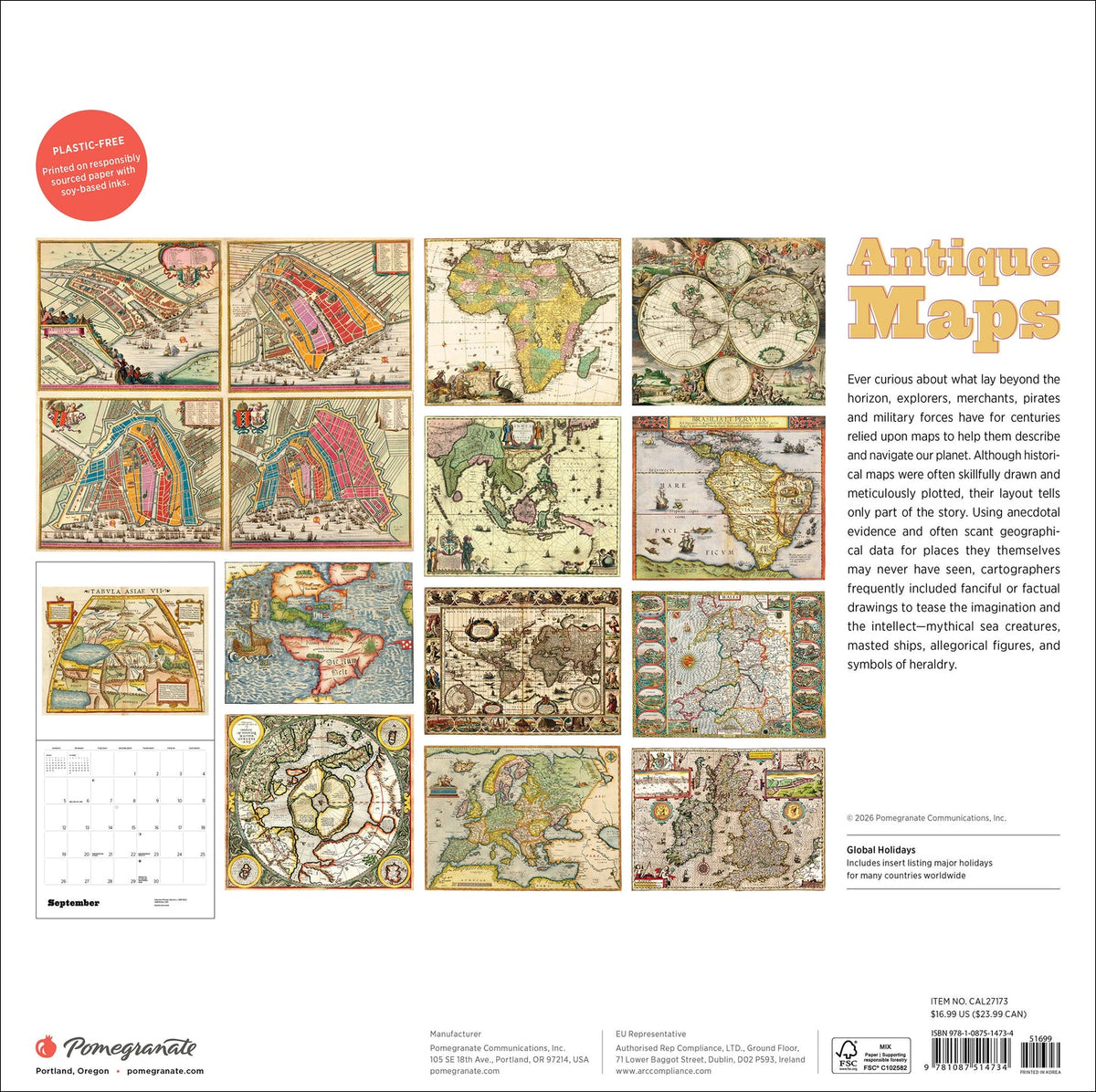Antique Maps 2027 calendar back cover with artwork previews