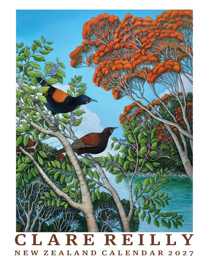 Clare Reilly 2027 calendar cover with native birds and an orange-flowering tree