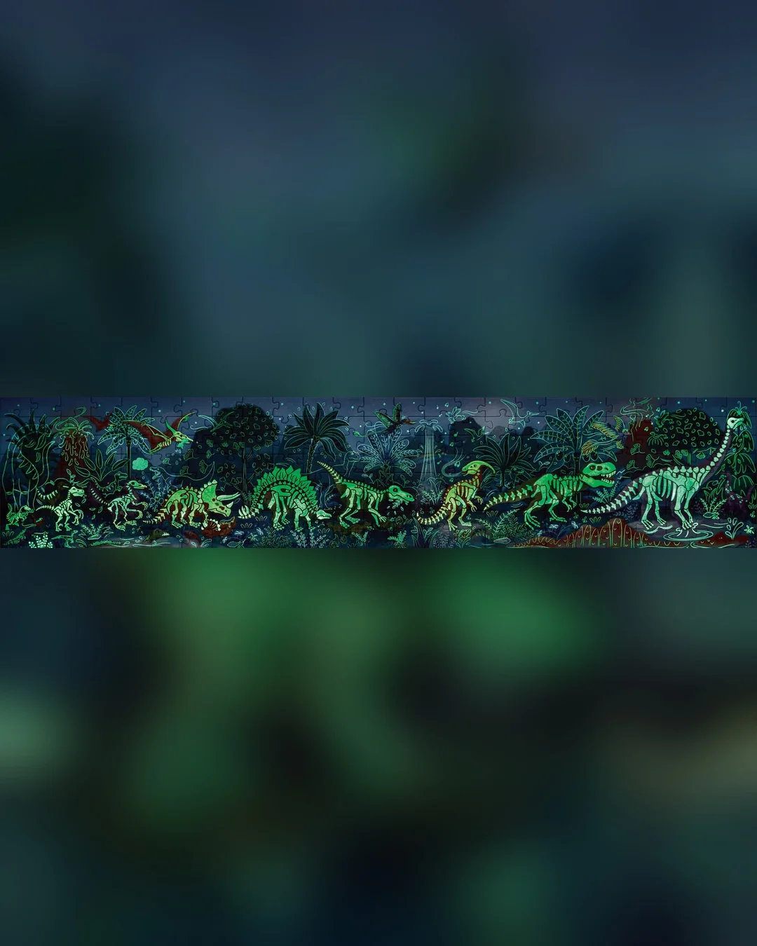 Experience the Hape Dinosaurs 200-Piece Glow-in-the-Dark Floor Puzzle, featuring vibrant illustrations of dinosaur skeletons in a jungle setting with diverse species surrounded by lush trees and plants against a dark backdrop—an engaging puzzle that kids will love assembling and exploring both day and night.