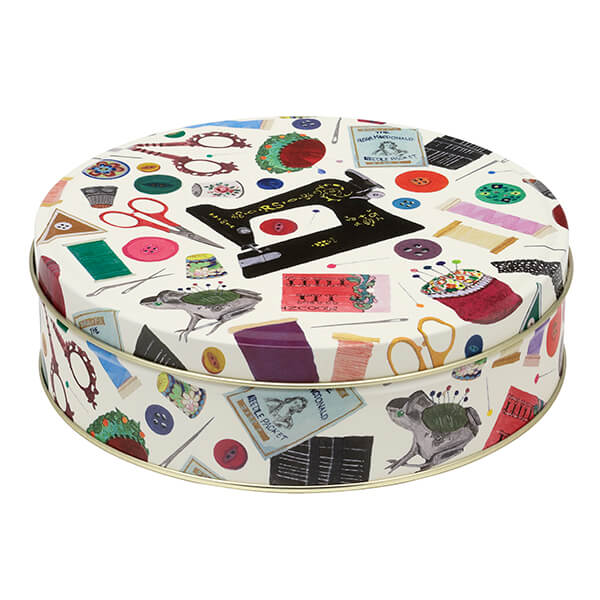 Elite Tins Needles & Thread medium round tin with sewing machine and sewing notions