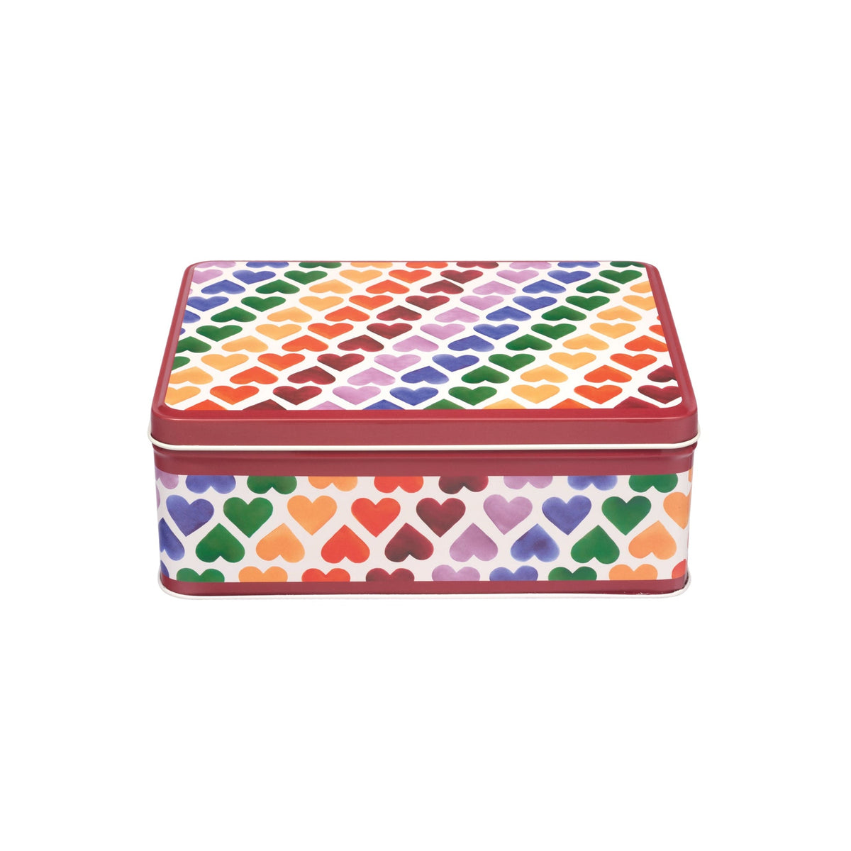 Emma Bridgewater Rainbow Hearts deep rectangular storage tin with multicoloured hearts