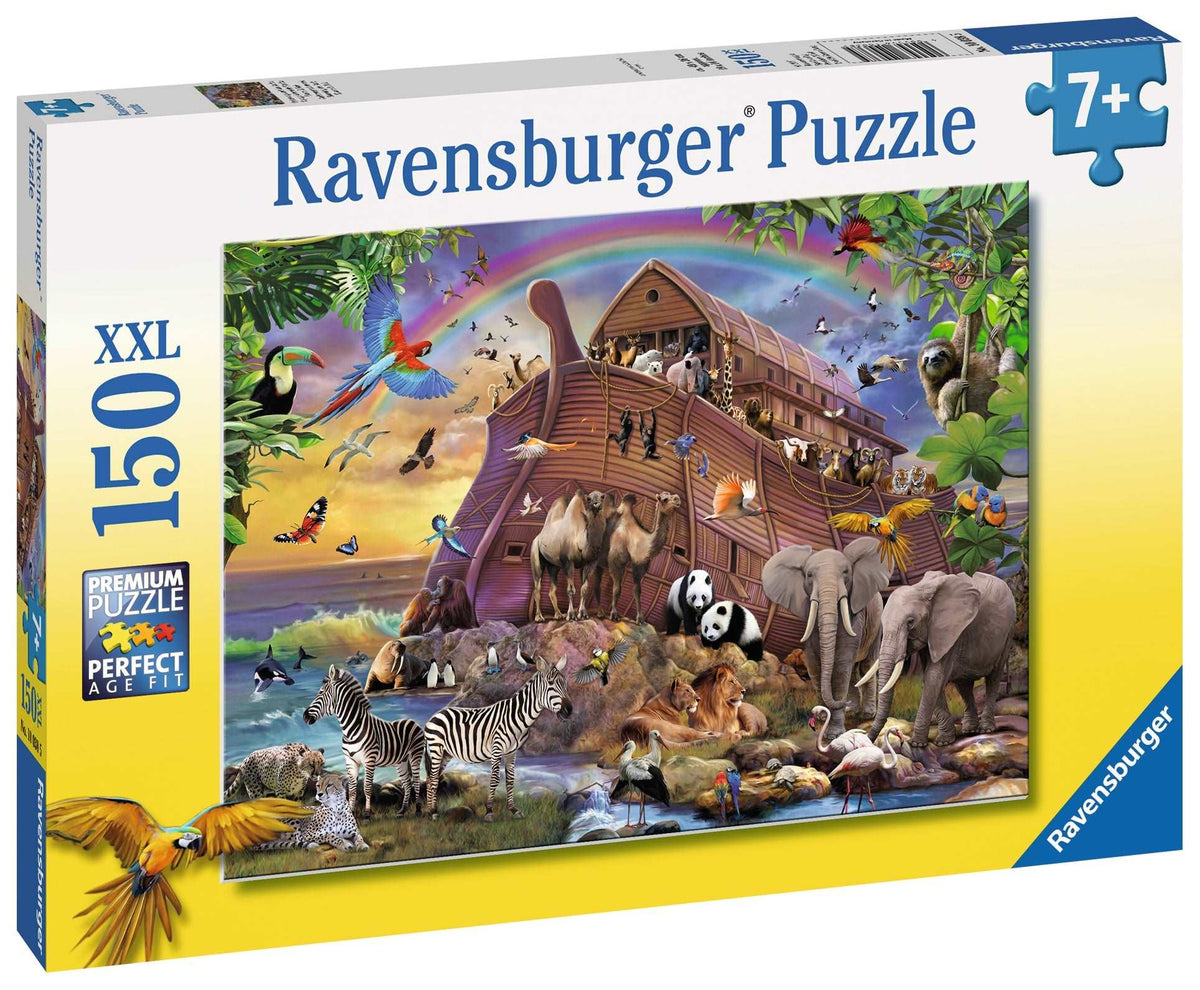 Ravensburger Boarding the Ark 150-piece jigsaw puzzle box with ark, rainbow and gathered animals