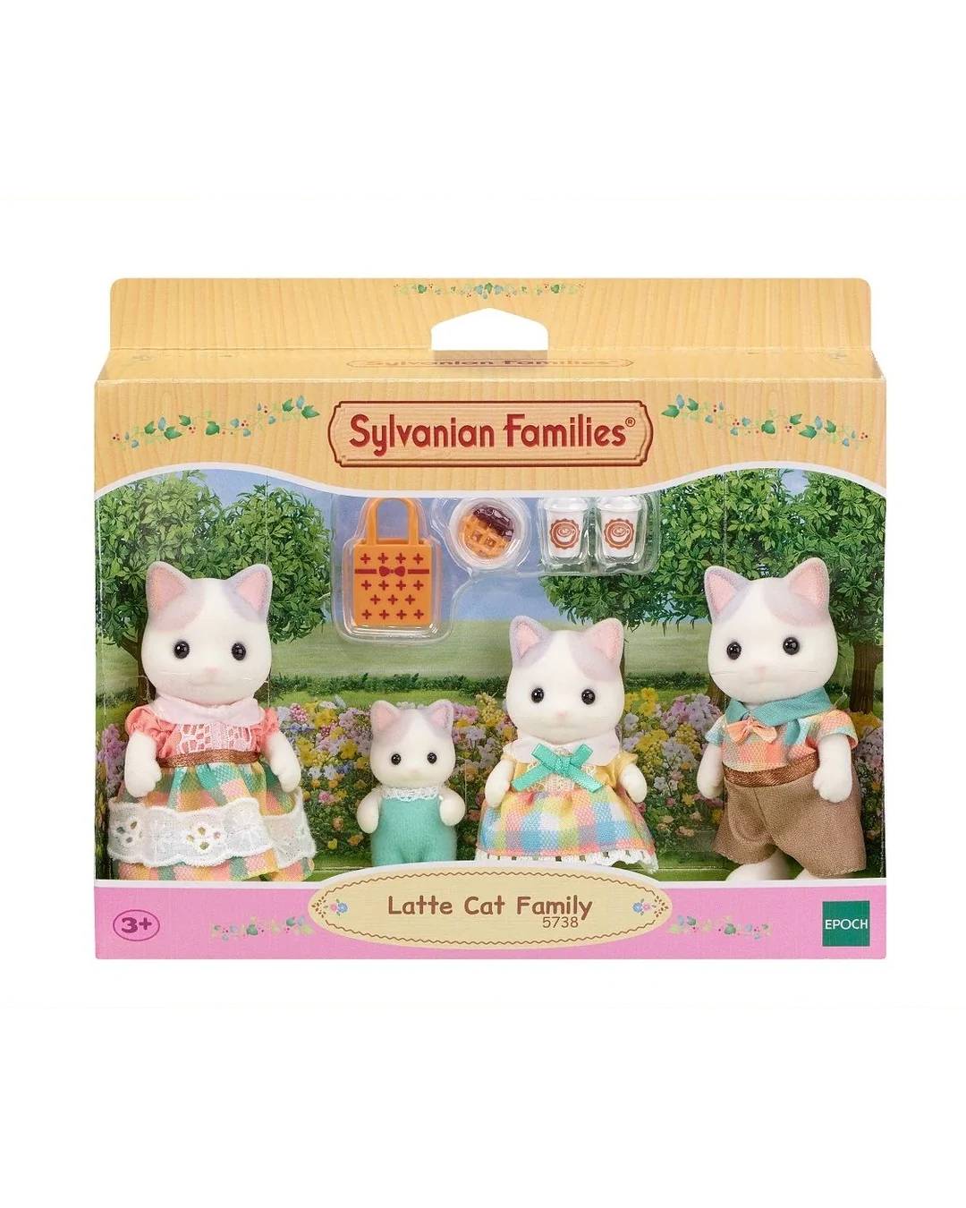Sylvanian Families Latte Cat Family with shopping and food accessories