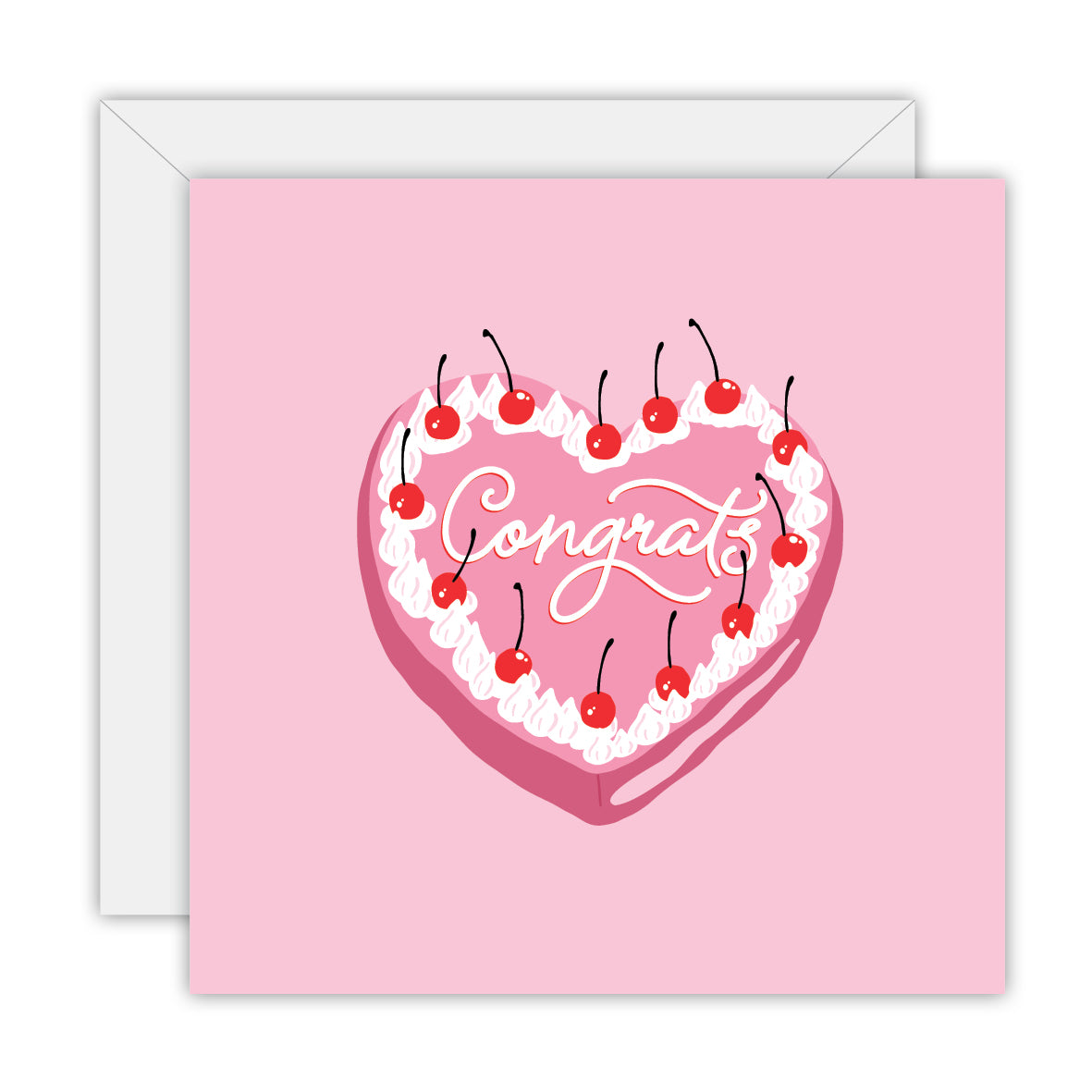 To The Moon & Back Prints Congrats greeting card with pink heart-shaped cake