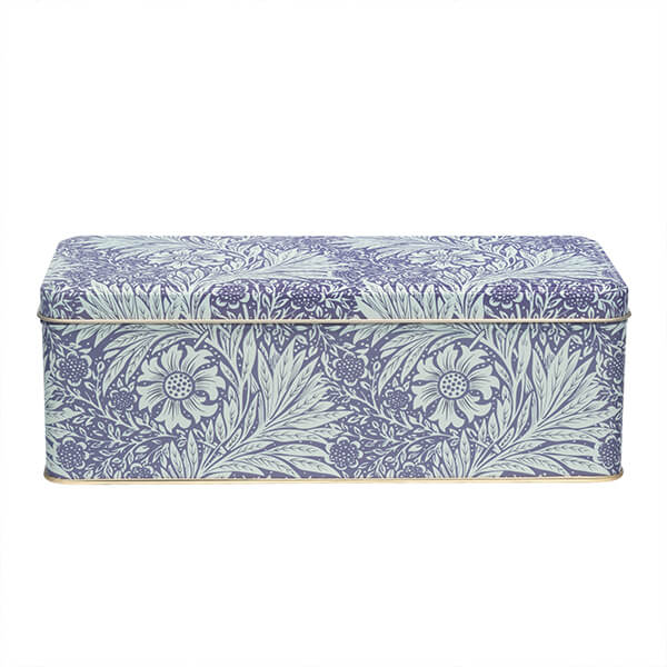 William Morris Marigold long deep rectangular tin with blue and green floral pattern