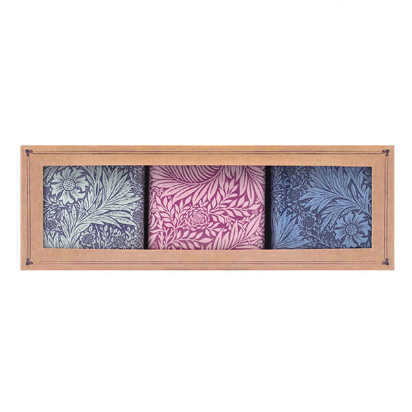 William Morris Marigold set of three square caddies in blue green and pink