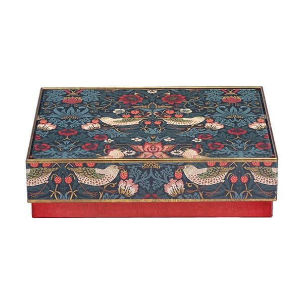 William Morris Strawberry Thief dark green rectangular tin with birds and strawberries