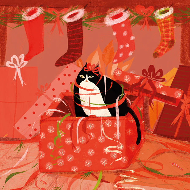 The Gift Christmas card with cat among red presents and stockings