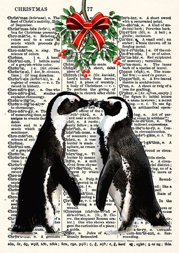The Christmas Penguin Lovers card with two penguins, red bow and greenery