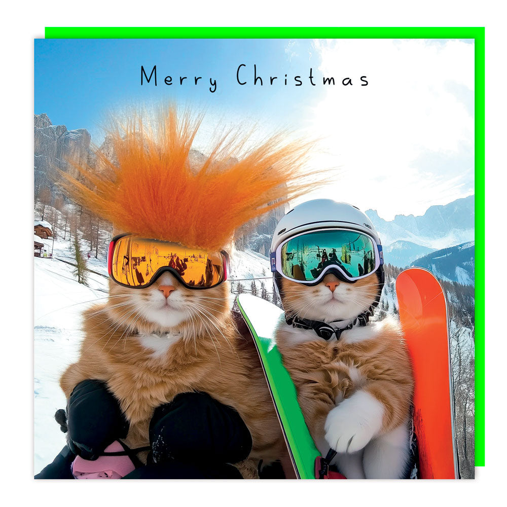 Cats on the Piste Christmas card with two cats in ski goggles on a snowy slope