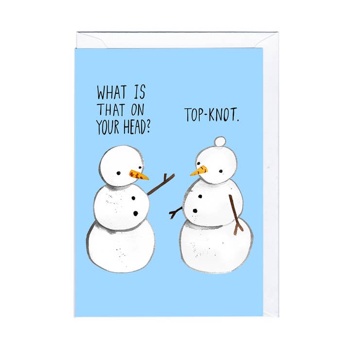 Jolly Awesome Top Knot Christmas card with two snowmen on a pale blue background