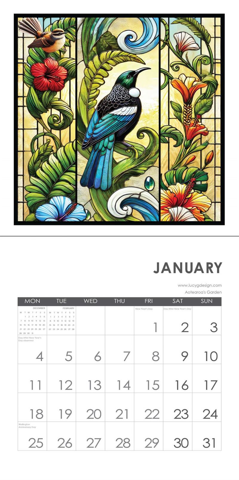 Lucy Gauntlett January 2027 spread with colourful bird artwork and a date grid
