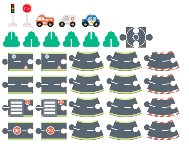 All 32 pieces of the Hi Pando City Road Set laid out