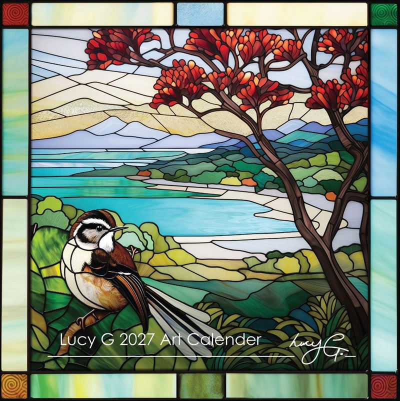 Lucy Gauntlett 2027 calendar cover with a stained-glass-style fantail and coastal scene