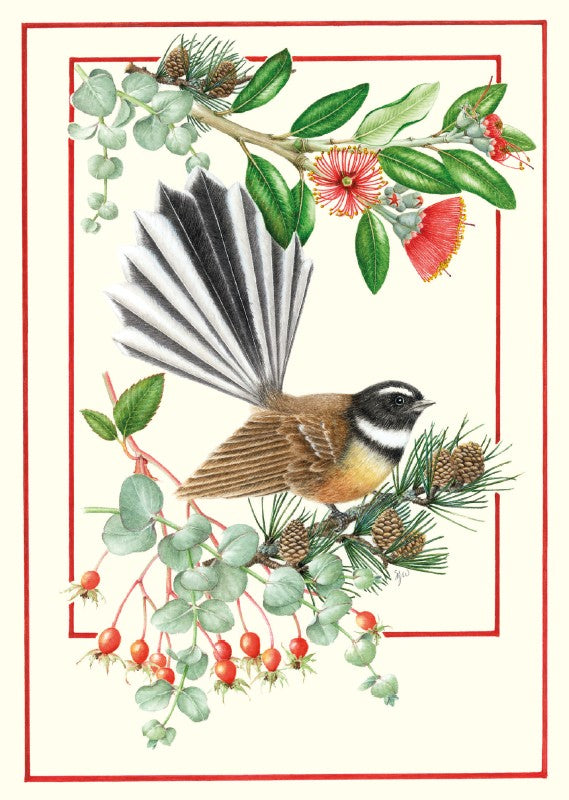 Sue Williams Fantail and New Zealand Flora Christmas card artwork