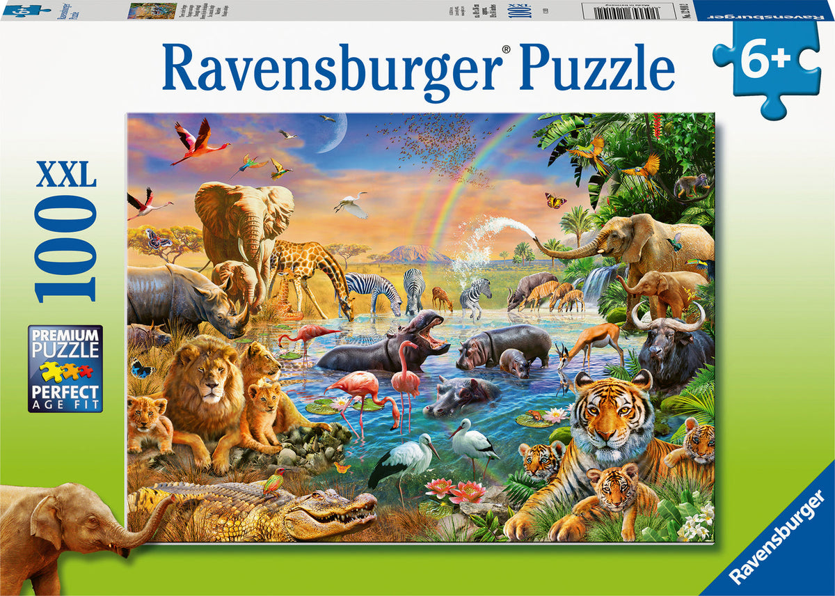 Ravensburger Savannah Jungle Waterhole 100-piece puzzle box with elephants, lions, giraffes and other wildlife