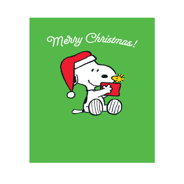 Snoopy Merry Christmas card with Woodstock in a red present box