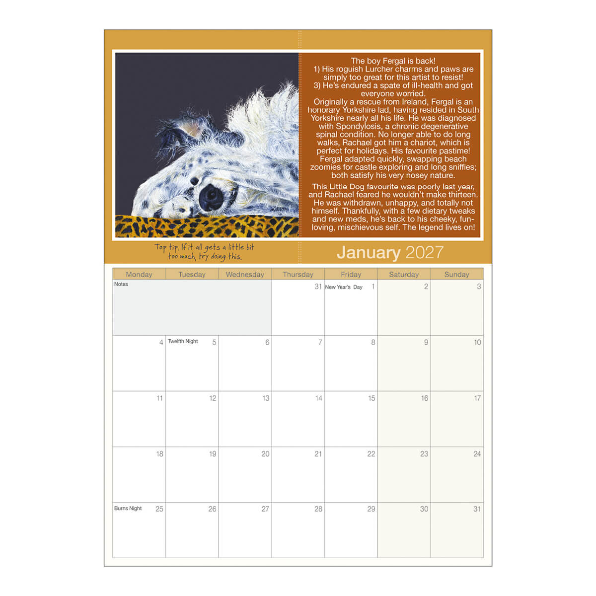 Scruffy Mutts January 2027 page showing a dog portrait, story and date grid