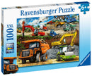 Ravensburger Construction Vehicles 100-piece puzzle box with excavators, dump truck and road roller