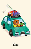 Snap card depicting a cartoon car with a bear driver and a frog passenger, on a beige background.