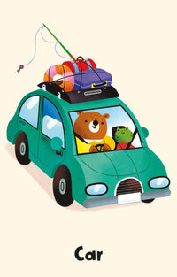 Snap card depicting a cartoon car with a bear driver and a frog passenger, on a beige background.
