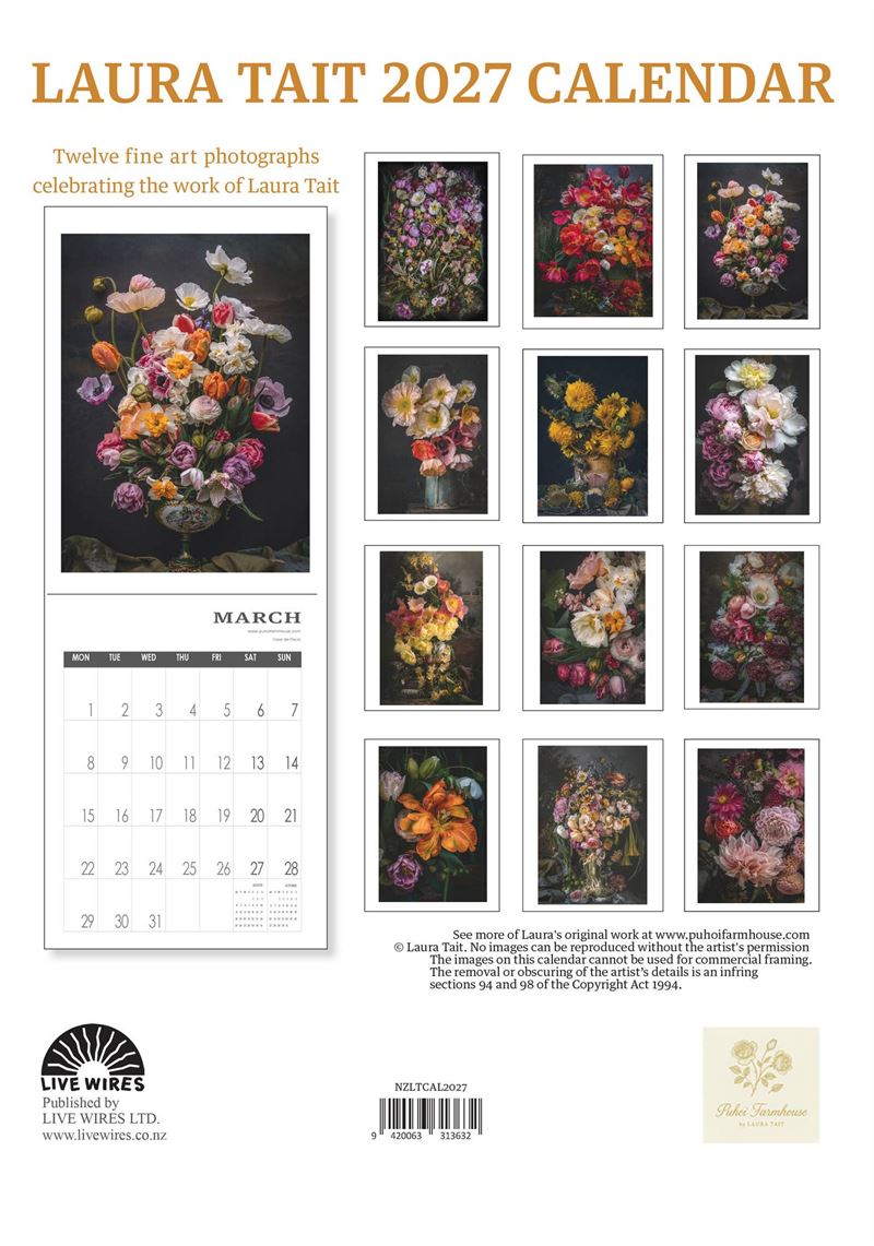 Laura Tait 2027 calendar back cover with all 12 artwork previews