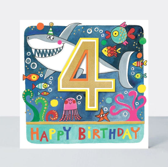 Age 4 Happy Birthday Shark - 4th Birthday Card