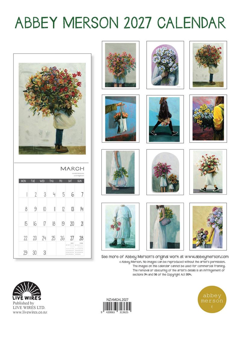Abbey Merson 2027 calendar back cover with all 12 artwork previews