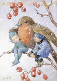 Fairy Land Christmas card with fairies beneath a robin