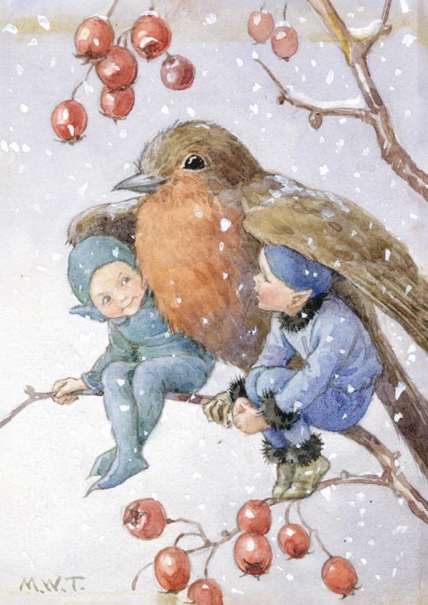 Fairy Land Christmas card with fairies beneath a robin