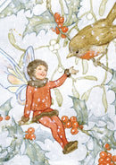 Fairy Land Christmas card with fairy welcoming a robin among winter foliage