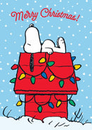 Snoopy Christmas card with decorated kennel and festive lights