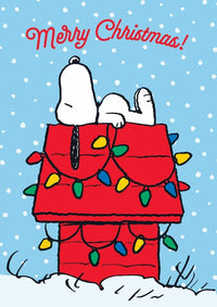Snoopy Christmas card with decorated kennel and festive lights
