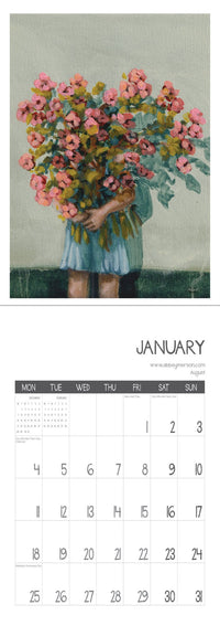 Abbey Merson January 2027 spread with a pink bouquet painting and date grid
