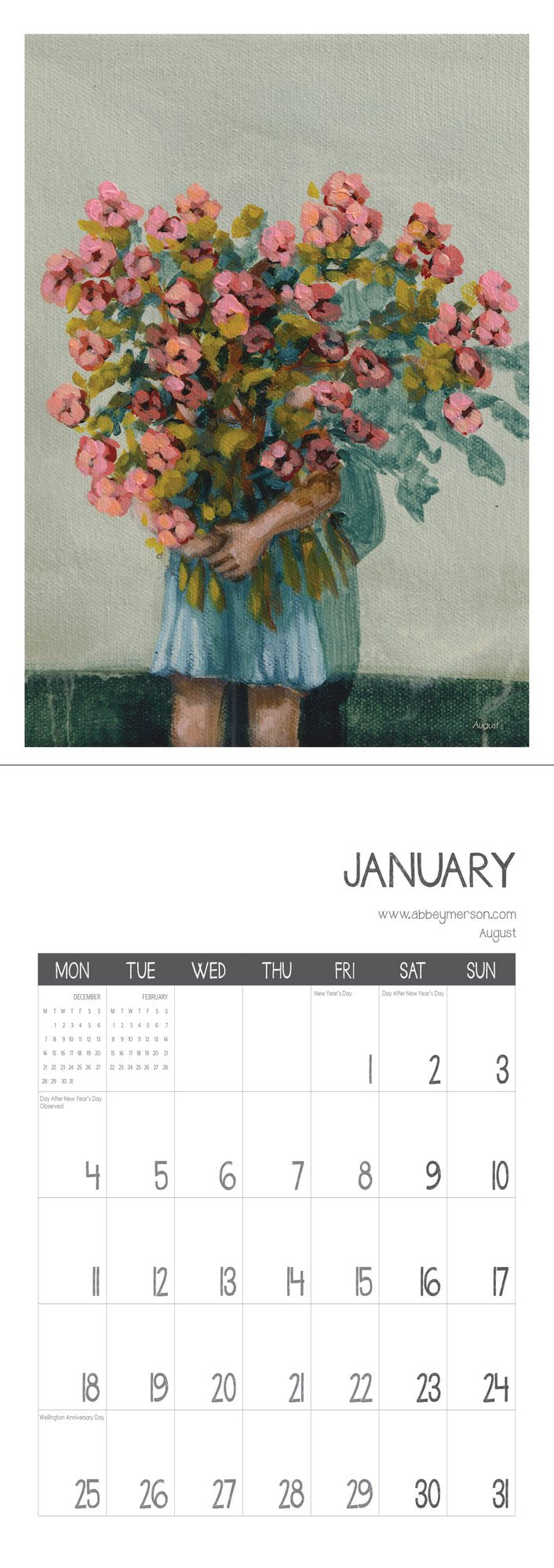 Abbey Merson January 2027 spread with a pink bouquet painting and date grid