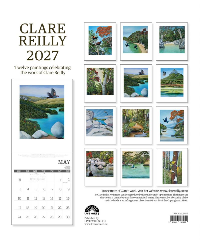 Clare Reilly 2027 calendar back cover with all 12 artwork previews