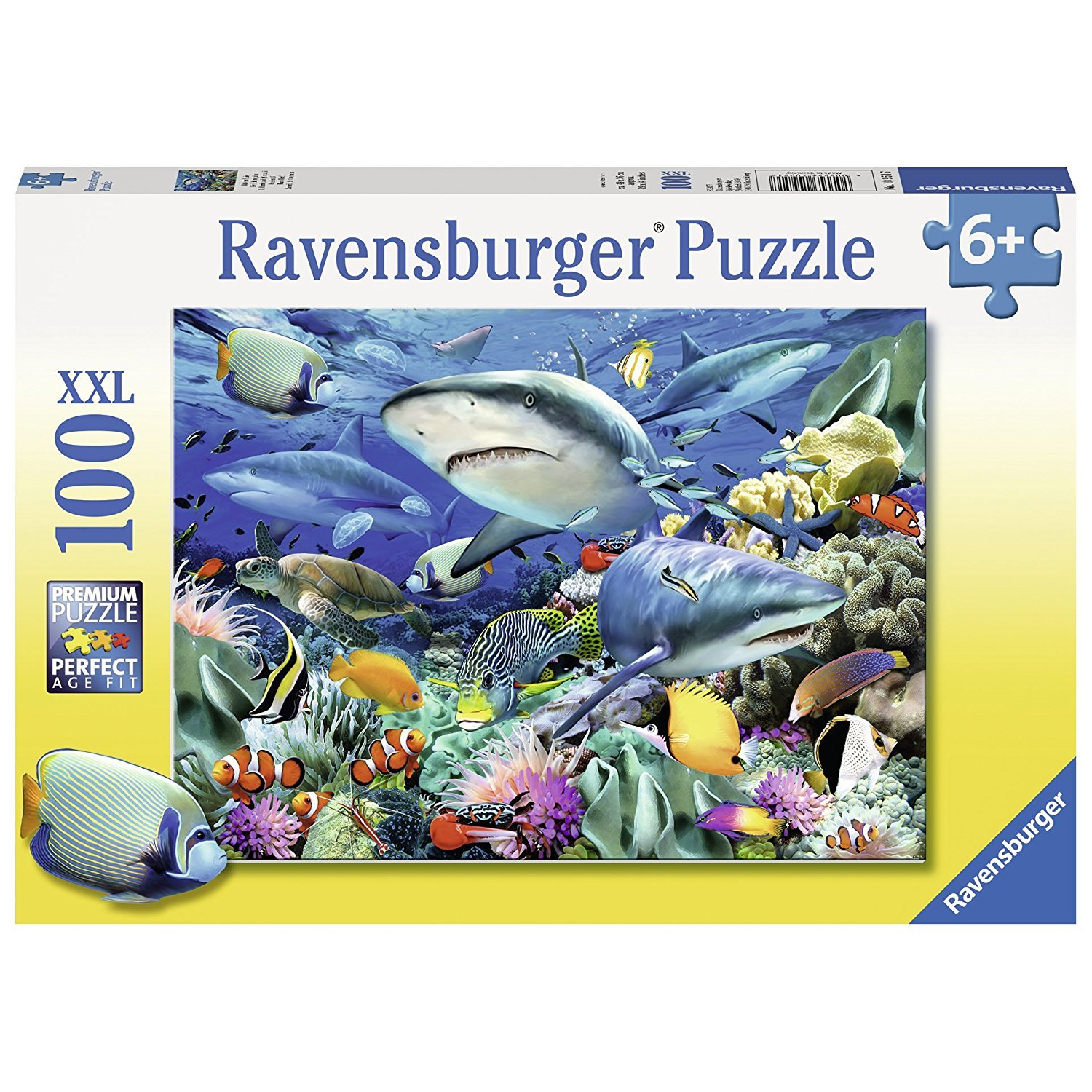 Ravensburger Reef of the Sharks 100-piece puzzle box with sharks, tropical fish and coral reef
